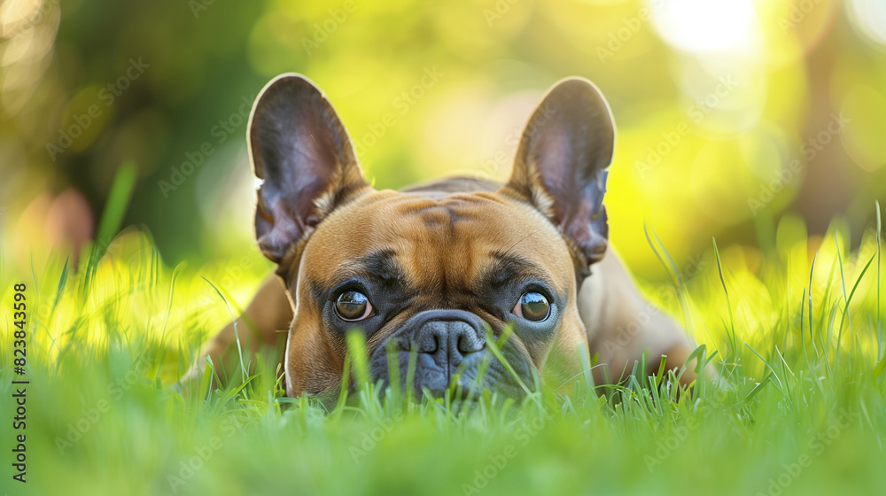 Dog (French Bulldog). Isolated on green grass in park
