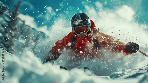 An intense action shot of a skier carving through fresh snow with dynamic movement and a blurred background