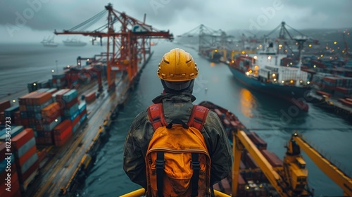 An engineer with a backpack facing a container port during overcast weather
