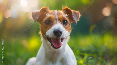 Small dog (Jack Russell Terrier). Isolated on green grass in park