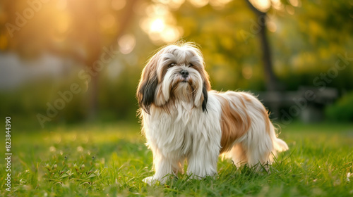 Small dog (Lhasa Apso). Isolated on green grass in park photo