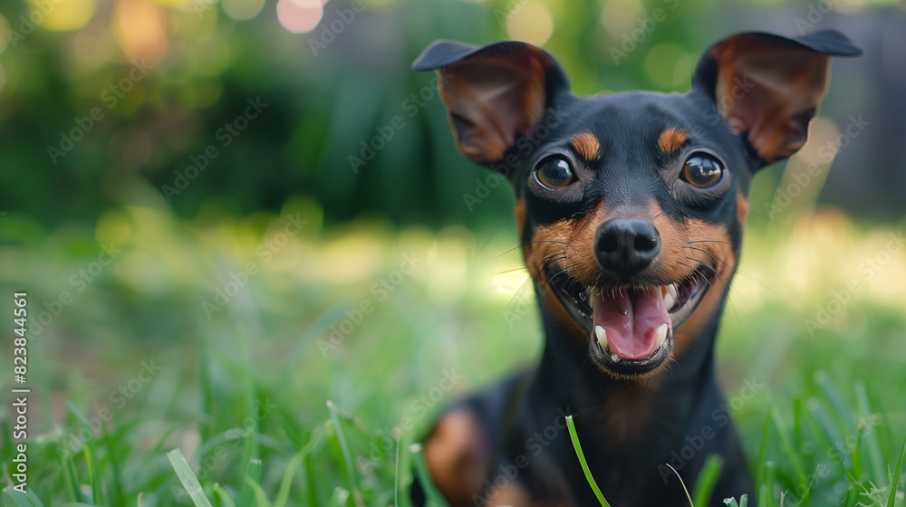 Dog (Miniature Pinscher). Isolated on green grass in park Dog (Miniature Pinscher). Isolated on green grass in park