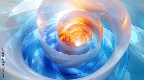 Curved glass spiral in blue and orange background banner, abstract 3D curved transparent glass spiral, AI generated