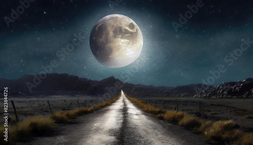 Dirty road leading through dry valley with large moon at the end photo