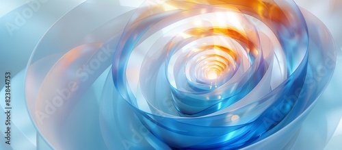 Curved glass spiral in blue and orange background banner, abstract 3D curved transparent glass spiral, AI generated
