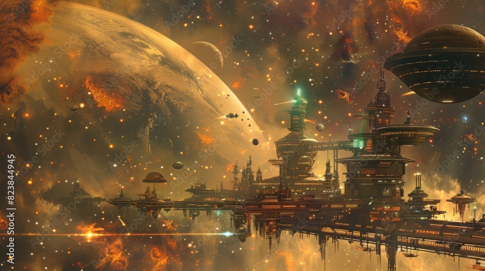 Fototapeta premium A futuristic space station with towering structures and hovering ships set against a fiery, ethereal planetary background at dusk.