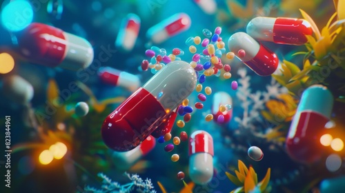 Colorful pills, capsules, vitamins and supplements. Medicine, drugs, pharmacology and healthcare concept. photo