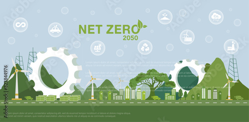 Net zero and carbon neutral concept. Net zero greenhouse gas emissions target. Climate neutral long term strategy. Vector illustration