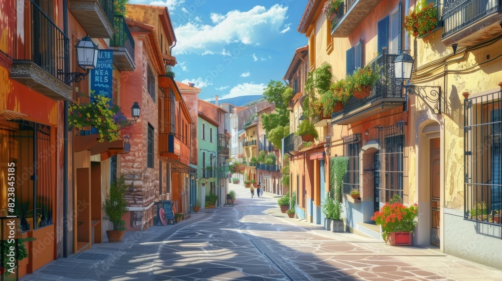 Spanish Village Delight: Charming European Street with Colorful Buildings, People, and Historic Atmosphere Spanish Village Delight: Charming European Street with Colorful Buildings, People, and Historic Atmosphere