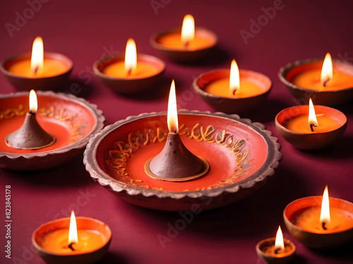 Happy Diwali - Clay Diya lamps are lit during Diwali, the Hindu Holy festival of lights celebration. Traditional oil lamp diya on red background © Mahmud