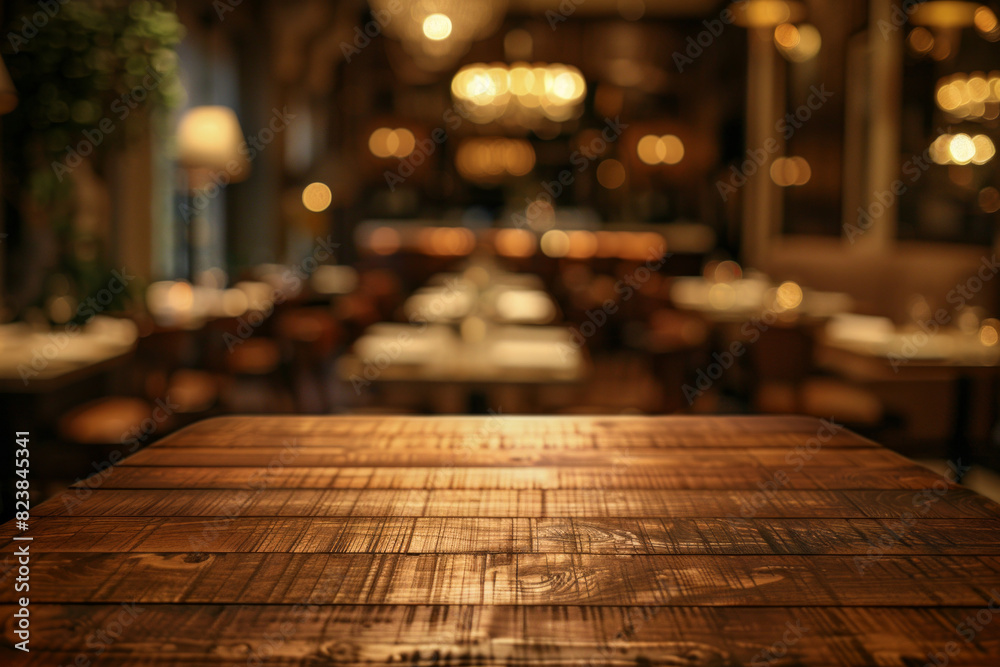 A polished wooden table in the foreground with a blurred background of an elegant restaurant. The background shows beautifully set tables with white linens, stylish chairs and soft ambient lighting 
