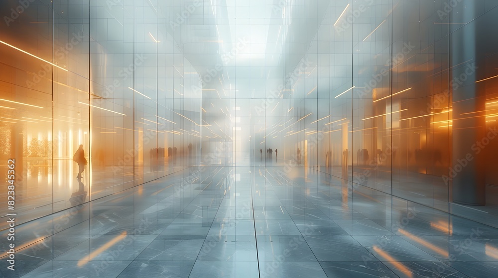 Sleek and Luminous Interior Architectural Design with Blurred Futuristic Data Streams