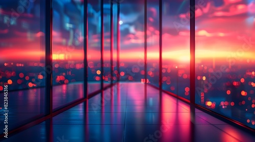 Breathtaking Cityscape with Glowing Neon Lights Reflecting in Glass Office Interior photo
