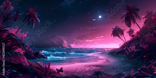 High-Resolution Digital Art Creates Surreal Beach Scene with Sand, Sea, and Palm Trees, Holographic Beach Fantasy photo