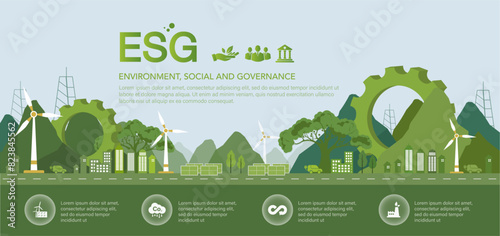 ESG - Environment Society and Governance. concepts on environmental social. Sustainable corporation development. Socially responsible investing strategy. Vector illustration
