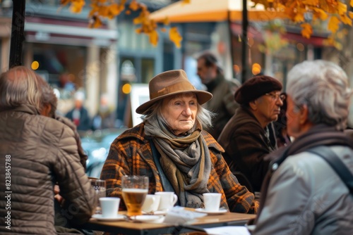 Unidentified senior woman drinking beer at a street cafe in Berlin.