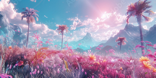 Futuristic Landscape Bursting with Colorful Flowers and Palms, Technicolor Floral Dreams