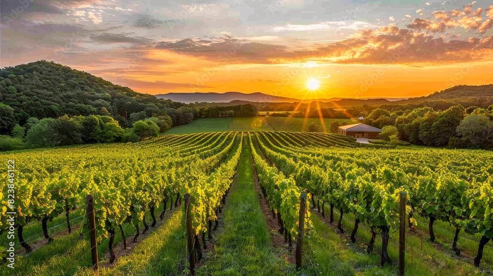 Obraz premium Beautiful vineyard landscape at sunset with rows of grapevines and scenic hills in the background, perfect for nature and agriculture themes.