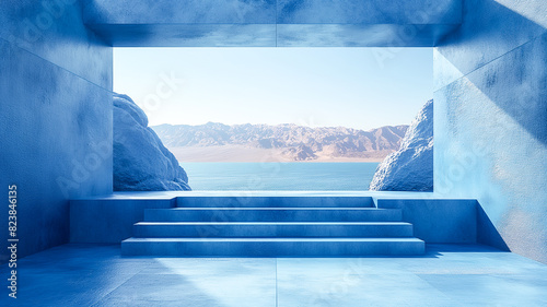 3d rendering  natural blue sky  landscape . a stage of  teal color    platform outdoor in the middle of otherworldly without anything else. Copy space.this platform also serves as  podium.