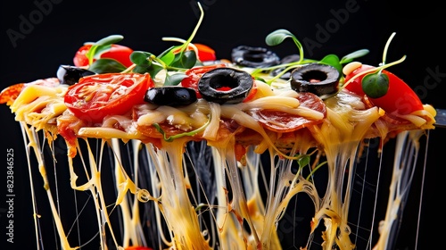 photo of melted cheese on top of pizza. Pizza with melted cheese. Close-up. Macro. Food photo. Italian Cuisine
