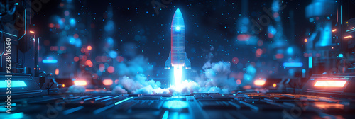 Hyper-Detailed Digital Art of Rocket and Laptop with Blue Neon Elements