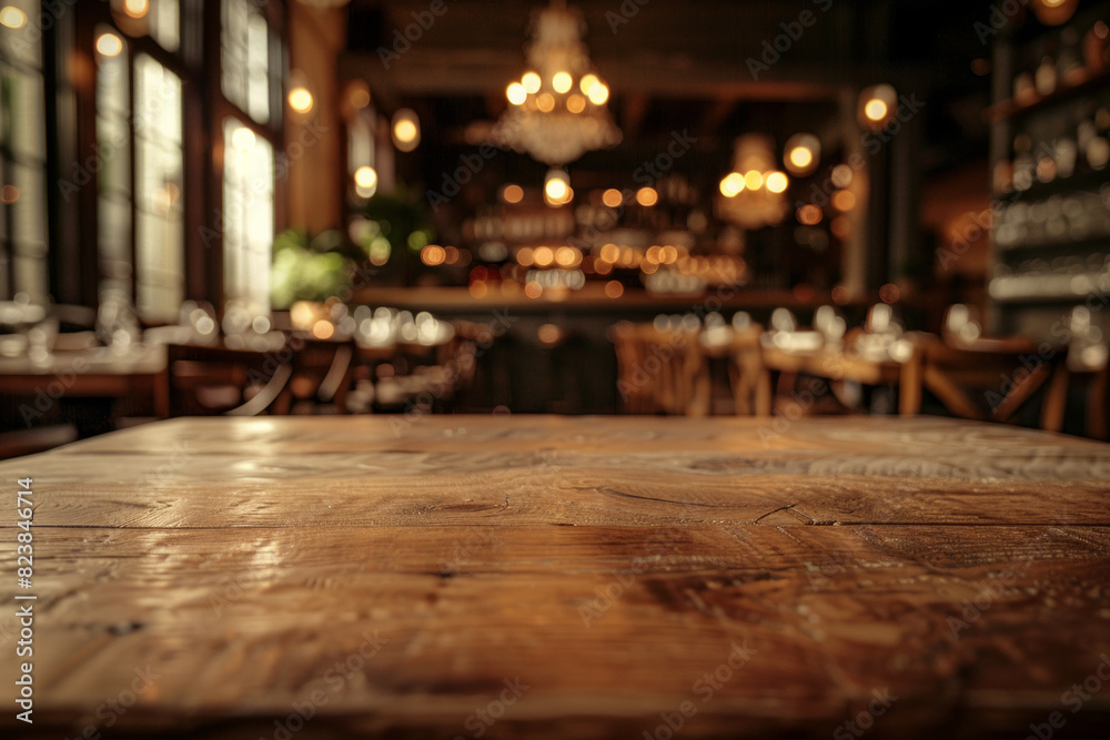 A polished wooden table in the foreground with a blurred background of an elegant restaurant. The background shows beautifully set tables with white linens, stylish chairs and soft ambient lighting 