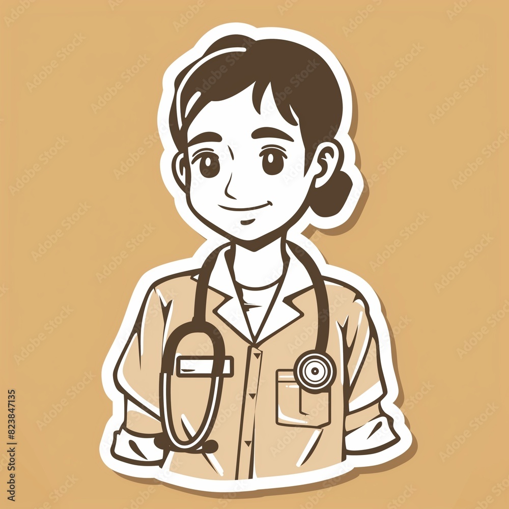 A young social worker illustration style sticker with white outline on a solid tan background without any shadow or gradient. A young social worker illustration style sticker with white outline on a solid tan background without any shadow or gradient.