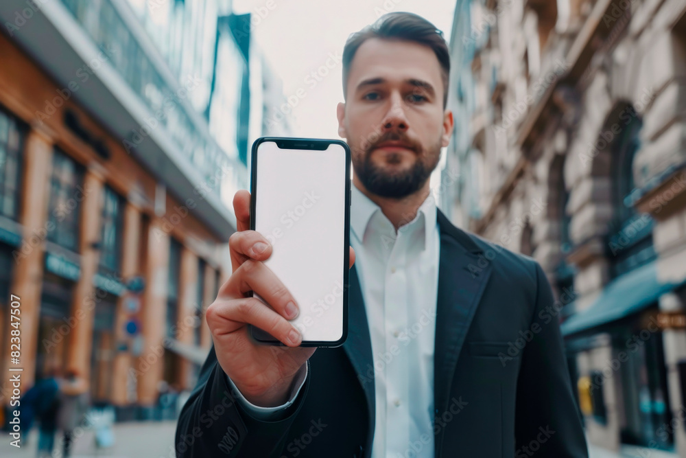 Businessman Holding Smartphone in a European City Street in Afternoon