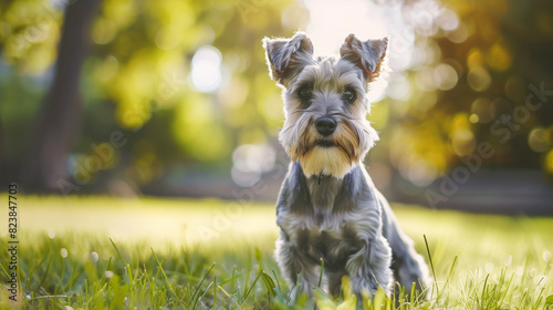 Dog (Miniature Schnauzer). Isolated on green grass in park