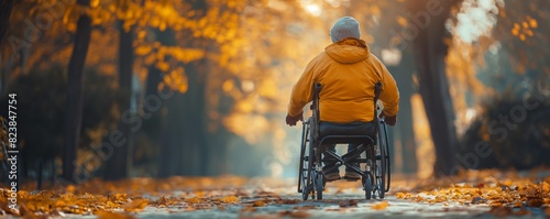 Person in wheelchair amidst autumn foliage photo