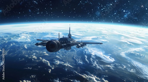 A spaceship orbits Earth, with detailed cloud formations and the blue planets curvature visible. Stars twinkle in the vast expanse of outer space during daytime.