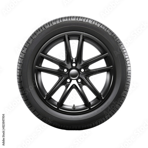 3D rendering single black automobile wheel isolated on transparent background, png, cut out