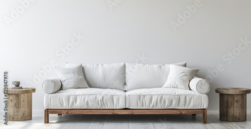 A white sofa with two pillows and a wooden side table on each end, against an empty wall background photo