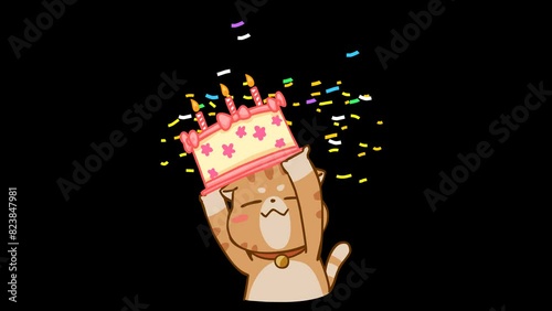 Transparent Background: Animated Cat with Birthday Cake