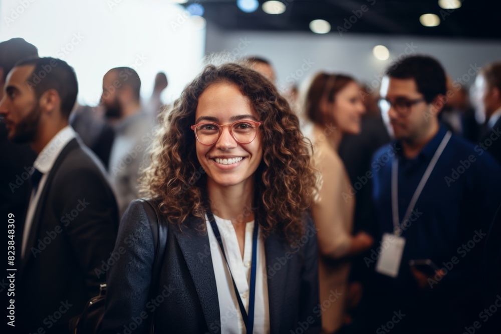 Obraz premium A businesswoman in professional suit outfits with glasses is smiling while greeting others in a business meeting conference. Generative AI.