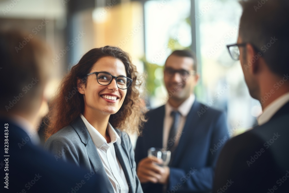 A businesswoman in professional suit outfits with glasses is smiling while greeting others in a business meeting conference. Generative AI.
