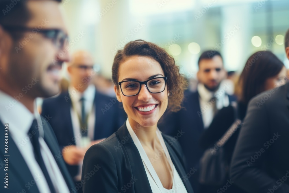 A businesswoman in professional suit outfits with glasses is smiling while greeting others in a business meeting conference. Generative AI. A businesswoman in professional suit outfits with glasses is smiling while greeting others in a business meeting conference. Generative AI.