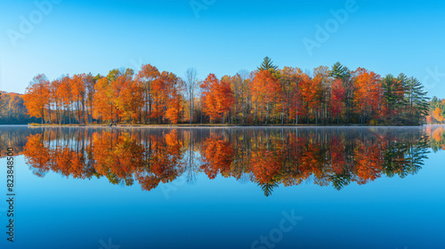 Autumn trees reflected in a tranquil lake with vibrant fall colors and a clear blue sky