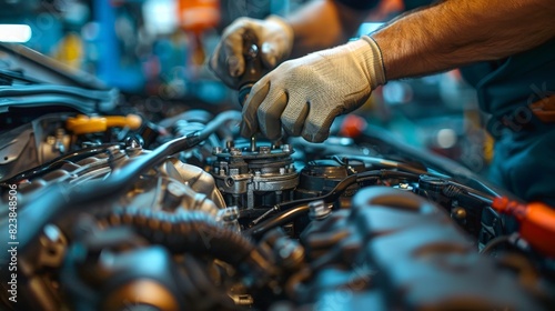 Auto mechanic repairing car engine.