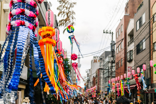 Very colourful street decorations during open-air summer festival photo