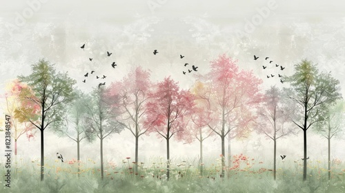 Watercolor illustration-Fairy forest. Children s interior Wallpaper.