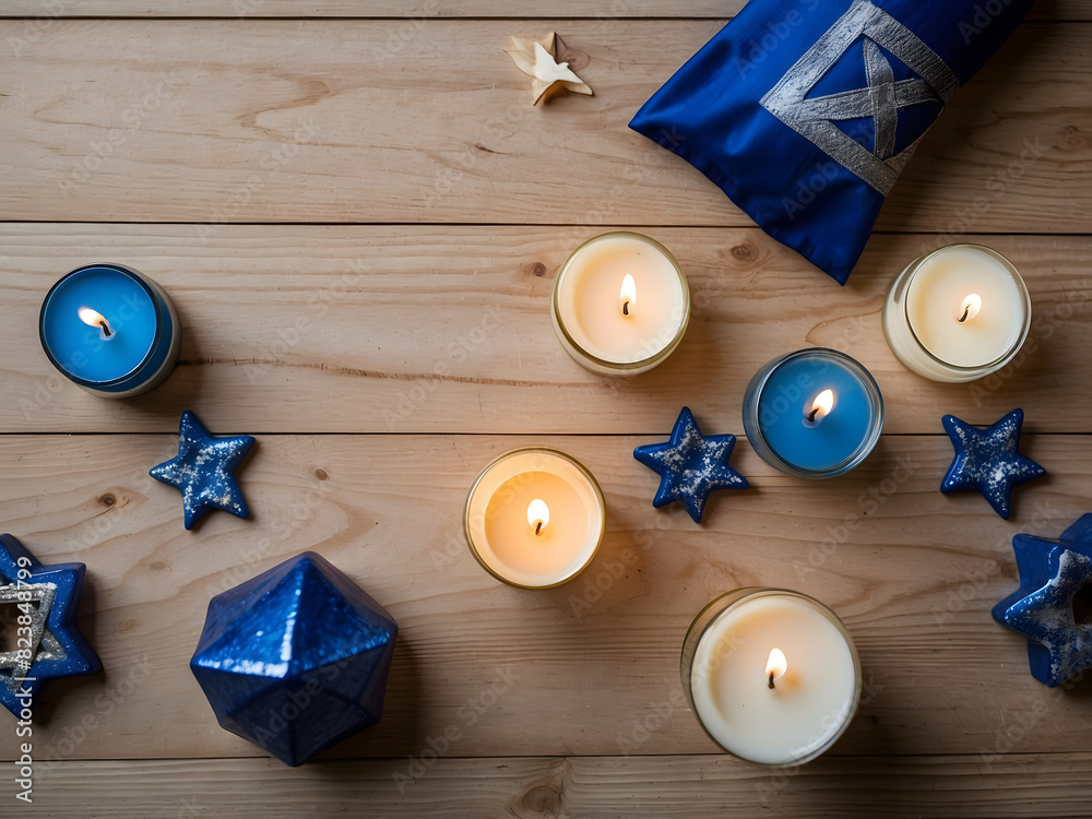 Blue and white candles, stars, and Star of David, wooden background. Mockup for Jewish Holiday Hanukkah Products exhibition design. Blue and white candles, stars, and Star of David, wooden background. Mockup for Jewish Holiday Hanukkah Products exhibition design.