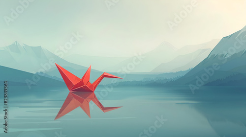 A paper crane floats on a calm lake in front of a mountain range.