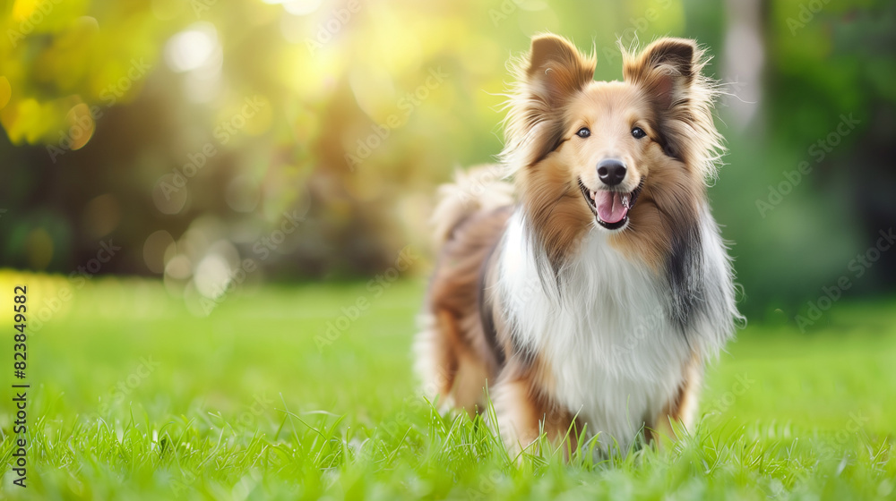 Dog (Shetland Sheepdog) on green grass in park Dog (Shetland Sheepdog) on green grass in park