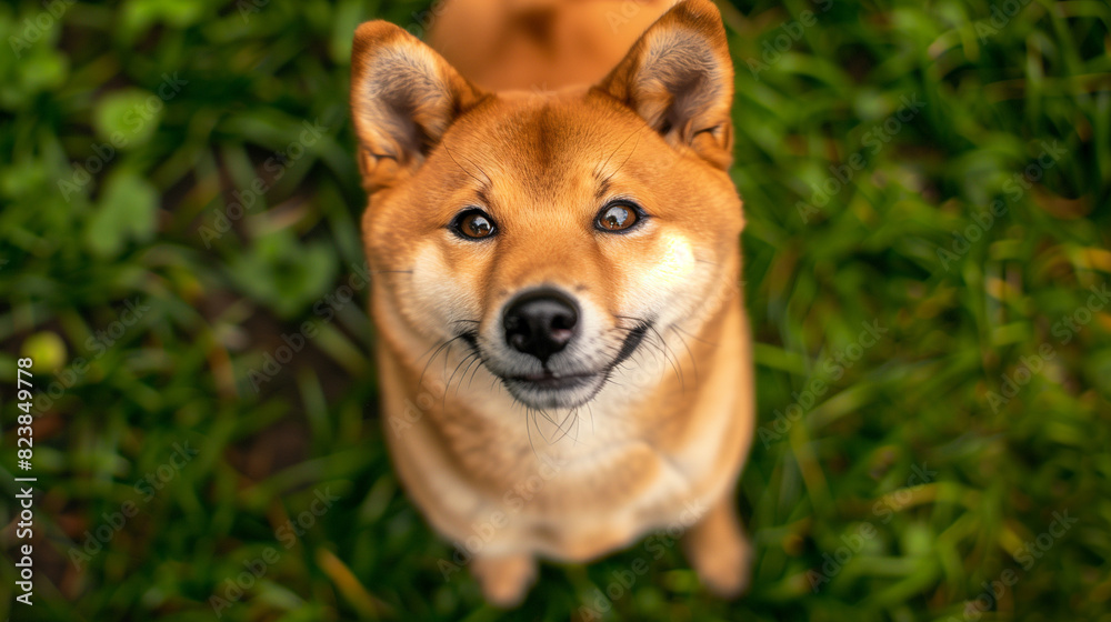 Dog (Shiba Inu) on green grass in park Dog (Shiba Inu) on green grass in park