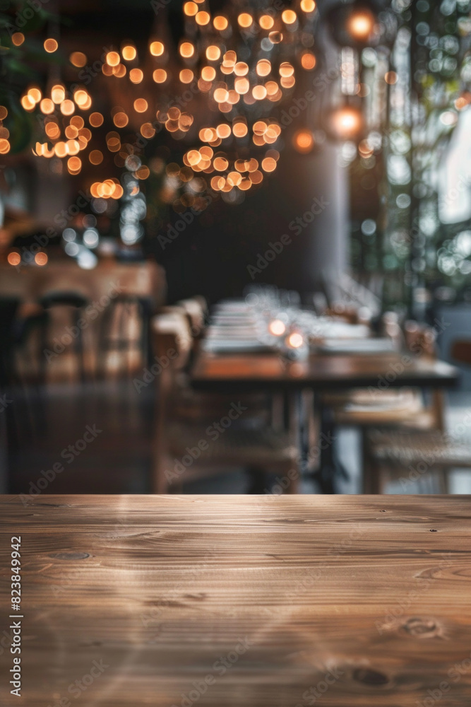 A polished wooden table in the foreground with a blurred background of an elegant restaurant. The background shows beautifully set tables with white linens, stylish chairs and soft ambient lighting A polished wooden table in the foreground with a blurred background of an elegant restaurant. The background shows beautifully set tables with white linens, stylish chairs and soft ambient lighting