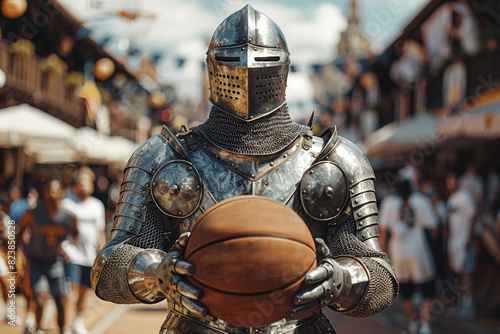 Medieval knight basketball player stands with a basketball before the game in the background of the arena