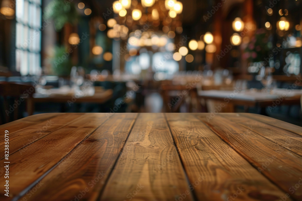 A polished wooden table in the foreground with a blurred background of an elegant restaurant. The background shows beautifully set tables with white linens, stylish chairs and soft ambient lighting A polished wooden table in the foreground with a blurred background of an elegant restaurant. The background shows beautifully set tables with white linens, stylish chairs and soft ambient lighting
