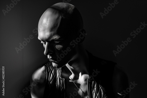 Dramatic black and white portrait of a bald mannequin with a glossy finish, highlighted by shadows photo