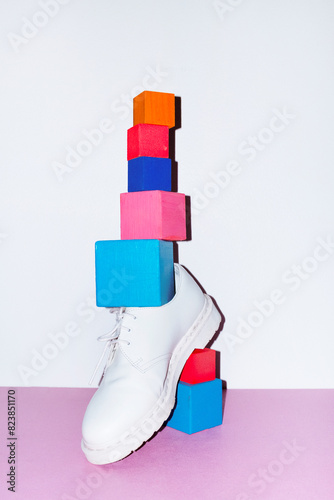 Colorful geometric cubes/blocks and fashion lace shoes with flashlight
